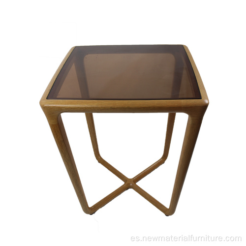 mesa de té de madera con vidrio